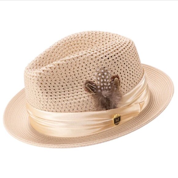 Montique BEIGE Pinch Braided Fedora With Satin Ribbon -Brim 1 7/8h-34